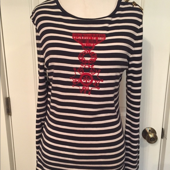 TORY BURCH TOP TEE BLUE WHITE STRIPED COTTON LONG SLEEVE RED ‘T’ Size SMALL - Picture 1 of 8